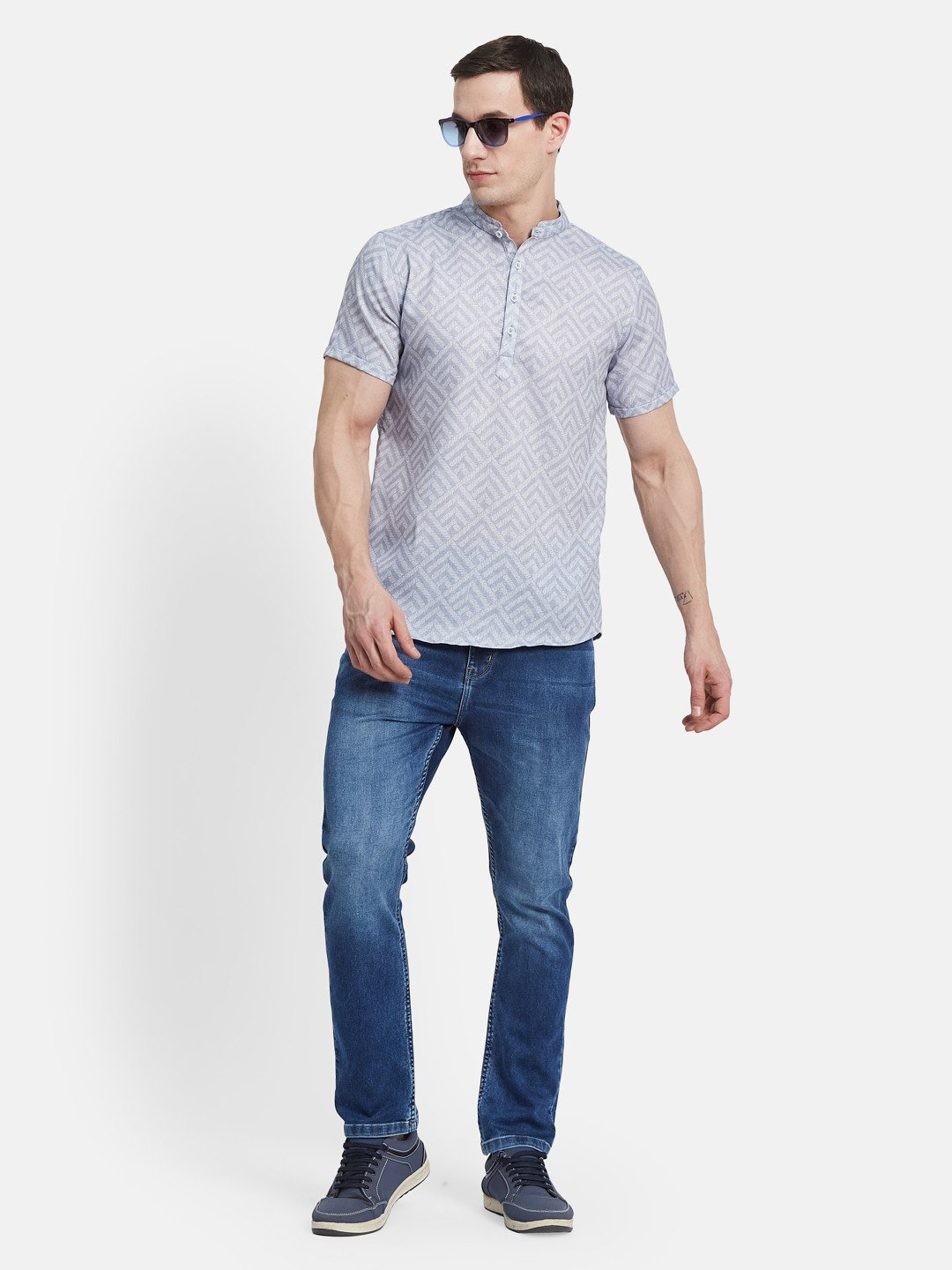 METTLE Men Band Collar Geometric Printed Cotton Casual Shirt