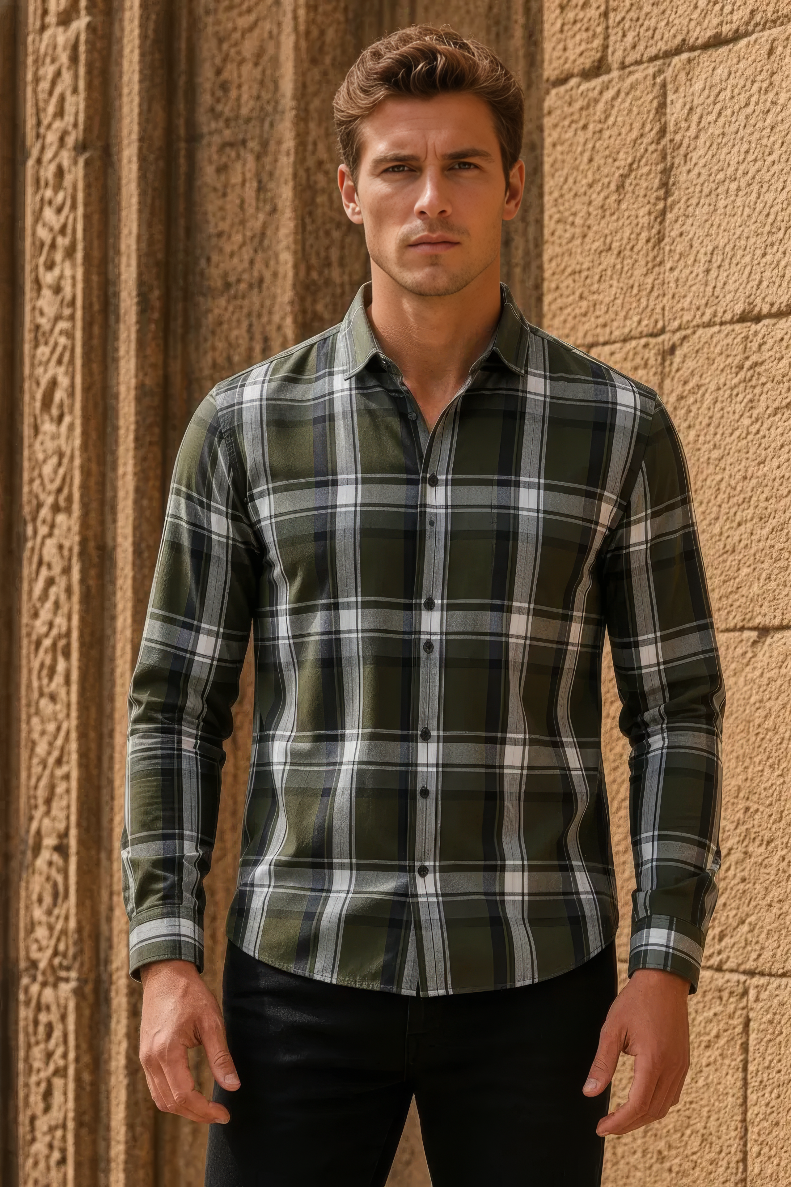 Men’s Olive Check Cotton Tencel Shirt
