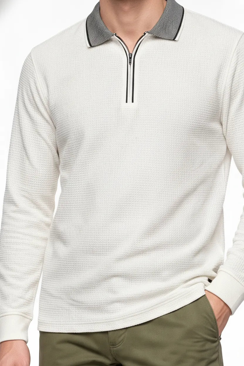 Men's Off White Structured Cotton Half-Zip Polo T-Shirt | Full Sleeve Textured Pre-Winter