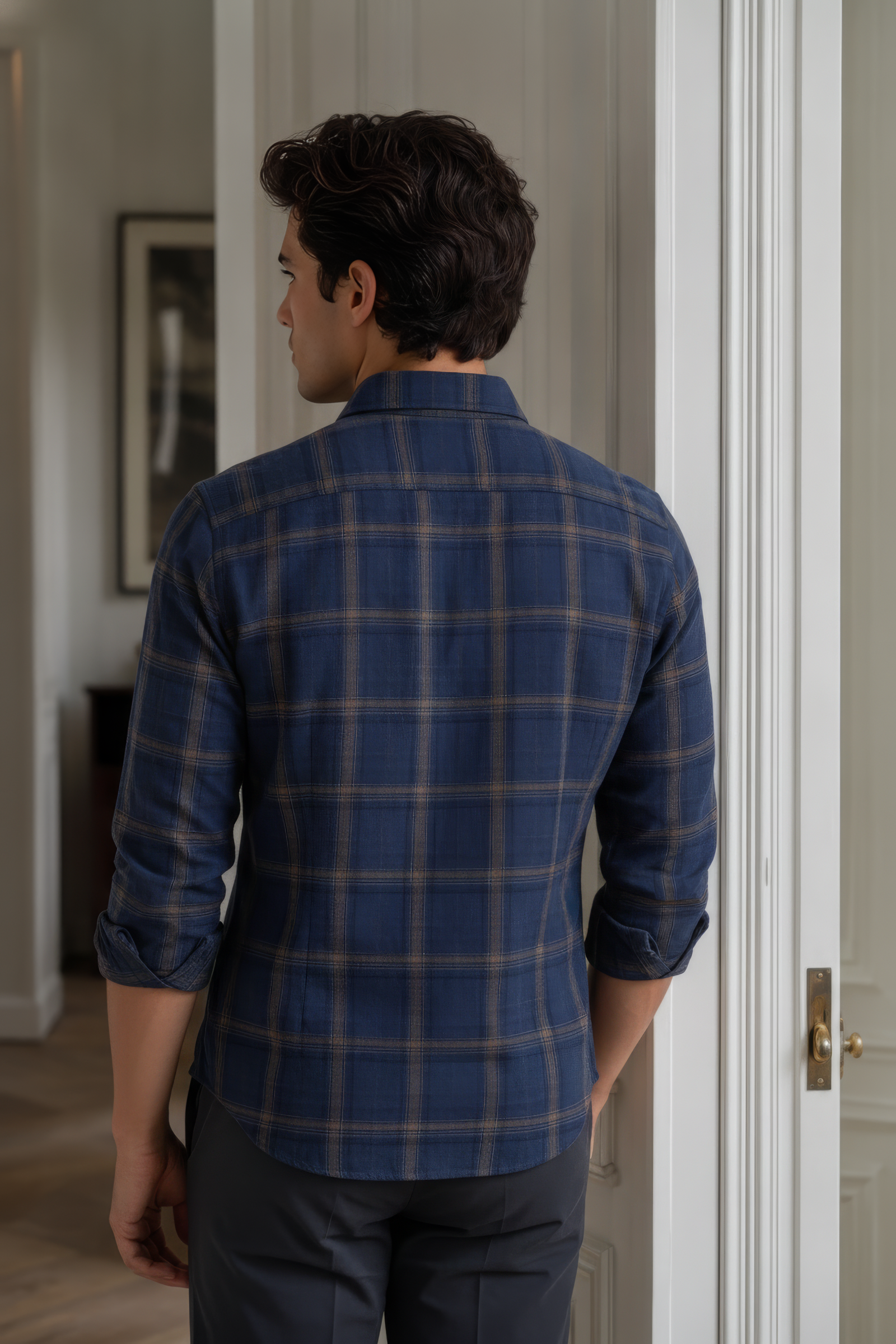 Men’s Navy Check Corduroy Cotton Full-Sleeve Shirt