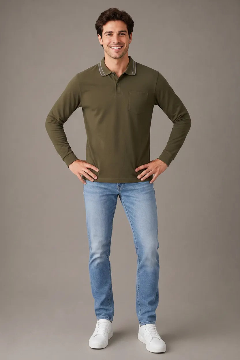 Men's Tan Full Sleeve Cotton Waffle Knit Polo T-Shirt | Textured