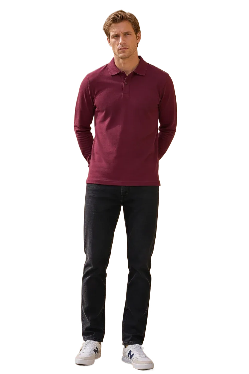 Men’s Merlot Pique Lycra Polo Neck Full-Sleeve Winter T-Shirt