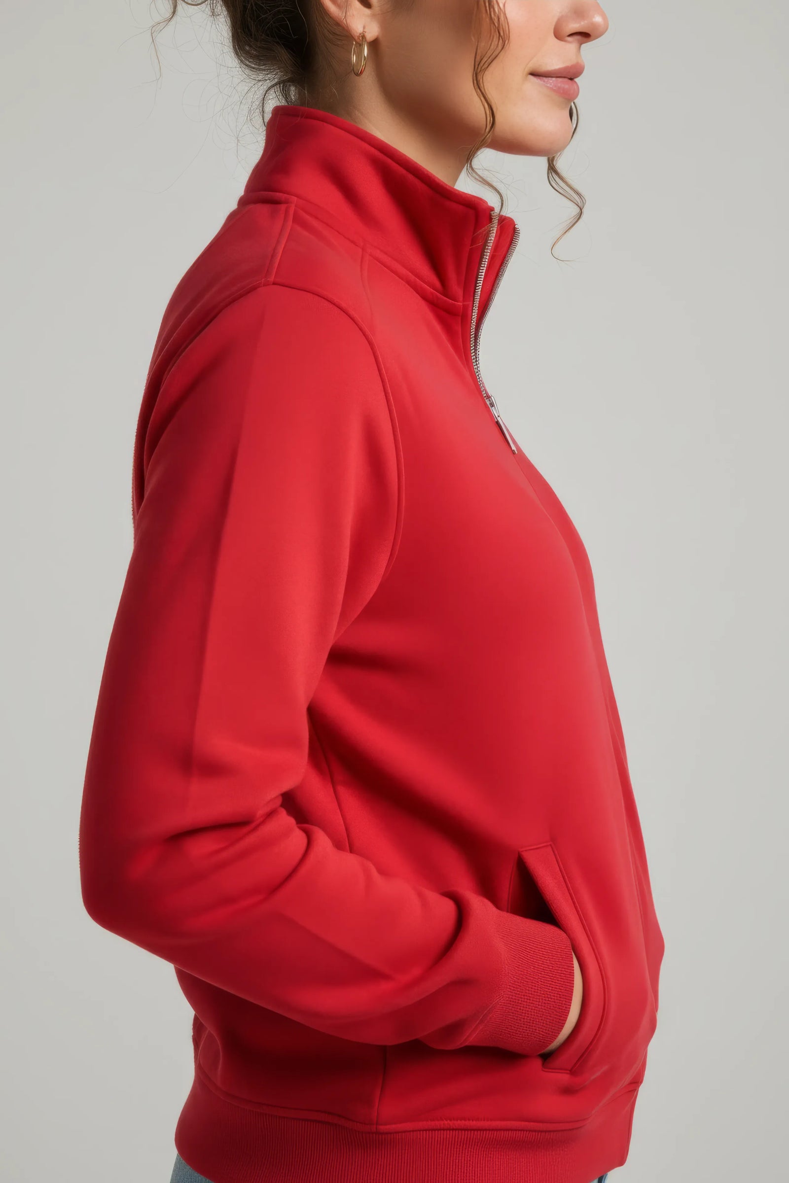 Women Hot Pink Cotton Blended German Velvet Full Zip | Standing Collar Winter Sweatshirt