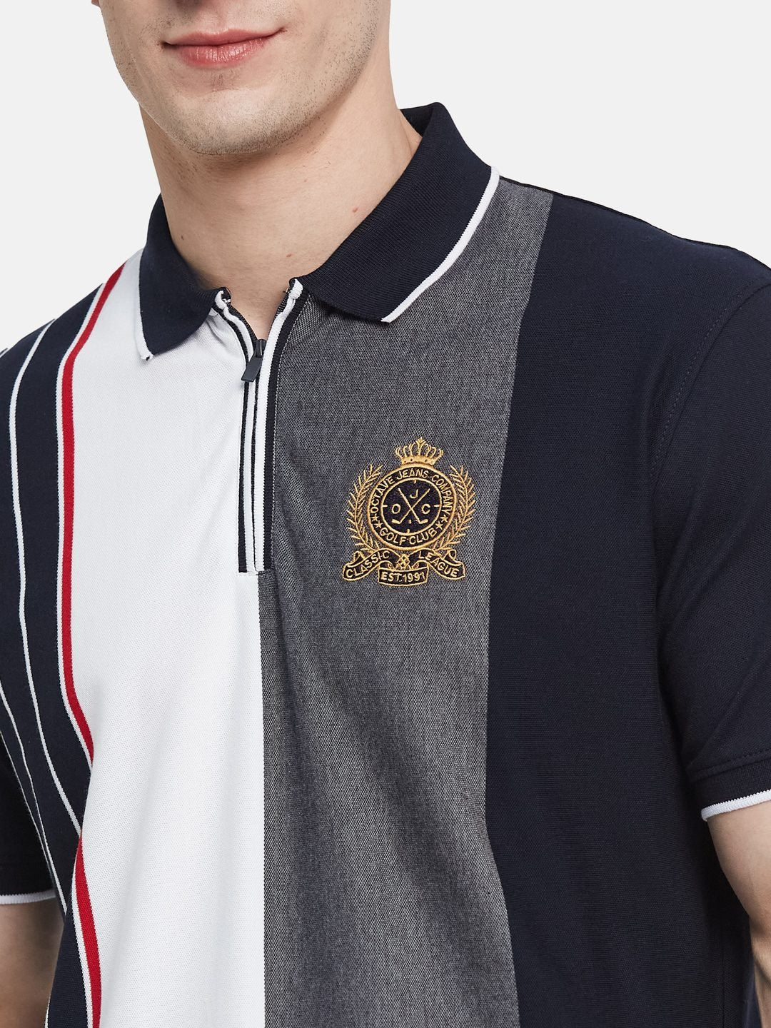 VERTICAL STRIPE HALF-ZIP POLO NECK PIQUE LYCRA T-SHIRT
