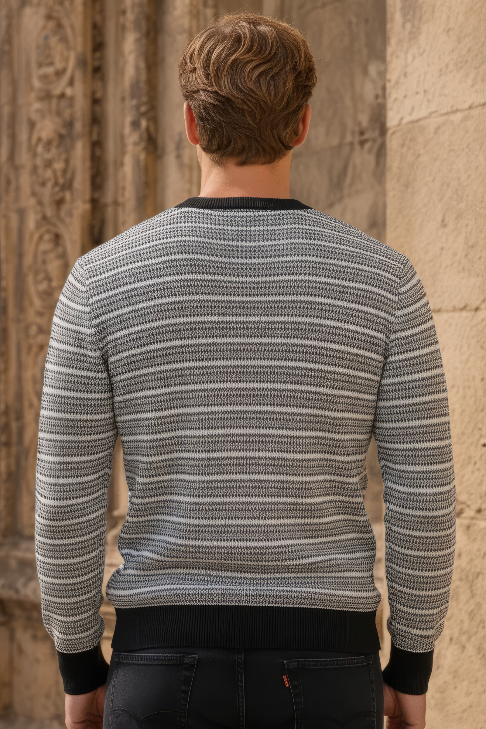 Men’s Dark Navy Jacquard Cotton Round-Neck Full-Sleeve Winter Sweater
