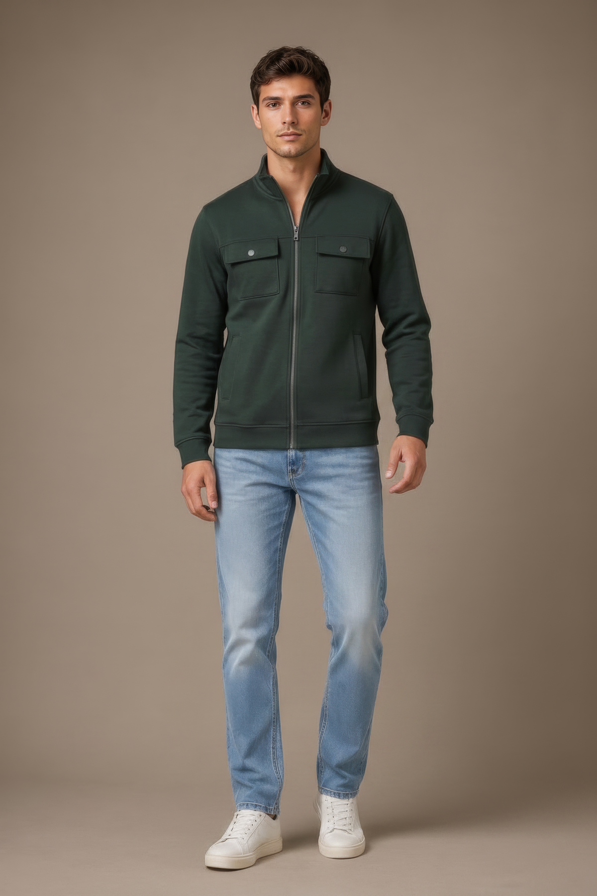 Men’s Dark Olive Full Zip with Stand Collar & Utility Pockets