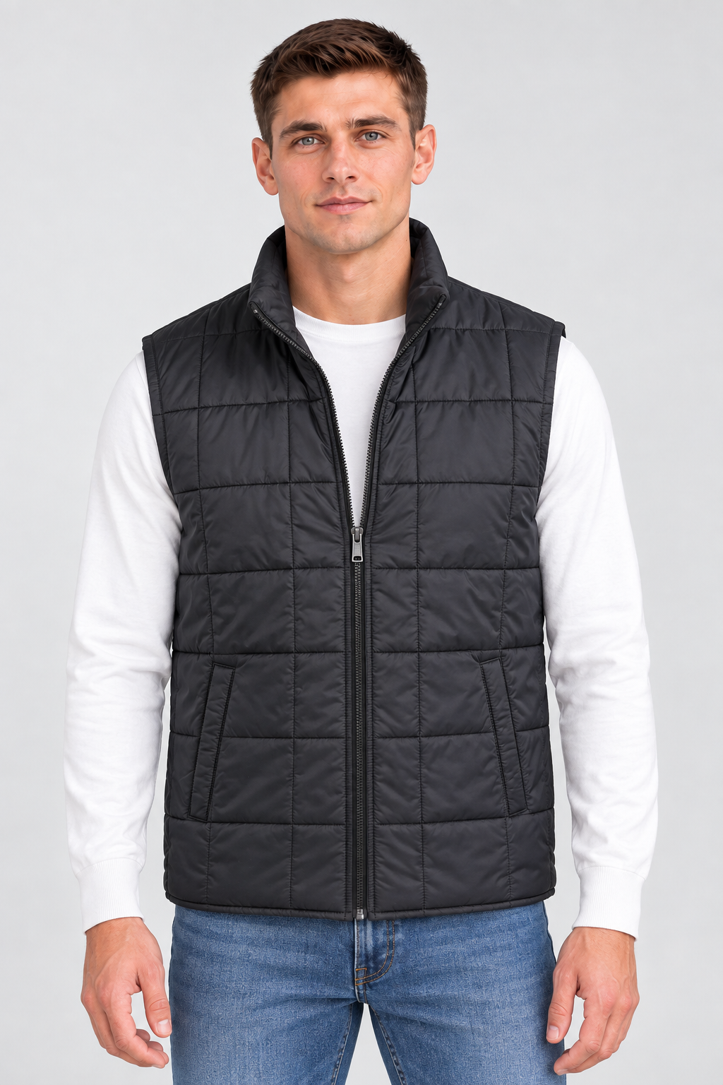 Men’s Black Lightweight Reversible Woven Puffer Gilet – Regular Fit Sleeveless Jacket
