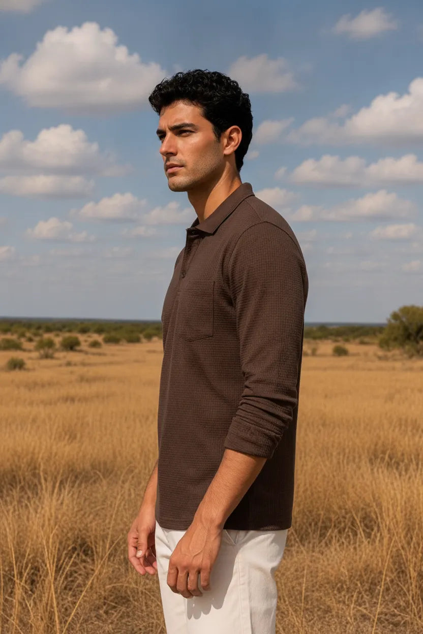 Men's Linen Melange Structured Cotton Full Sleeve Polo T-Shirt | Waffle Textured Pre-Winter