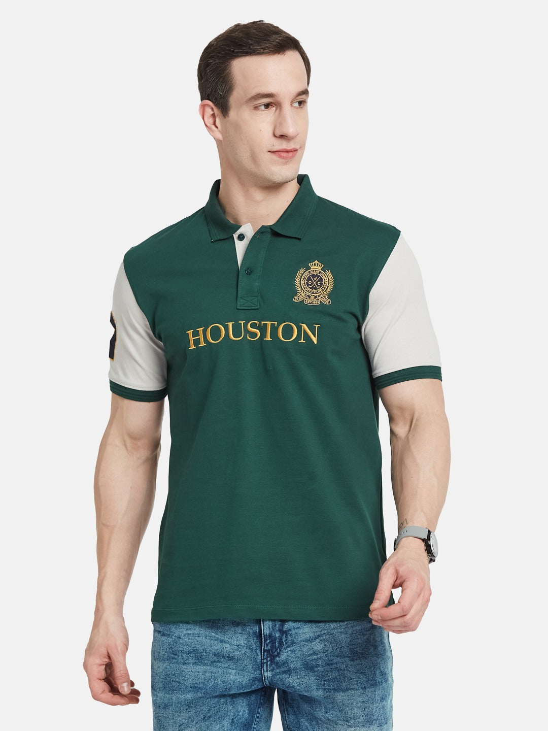 CHEST PRINT POLO NECK EMBROIDED APPLIQUE PIQUE LYCRA T-SHIRT