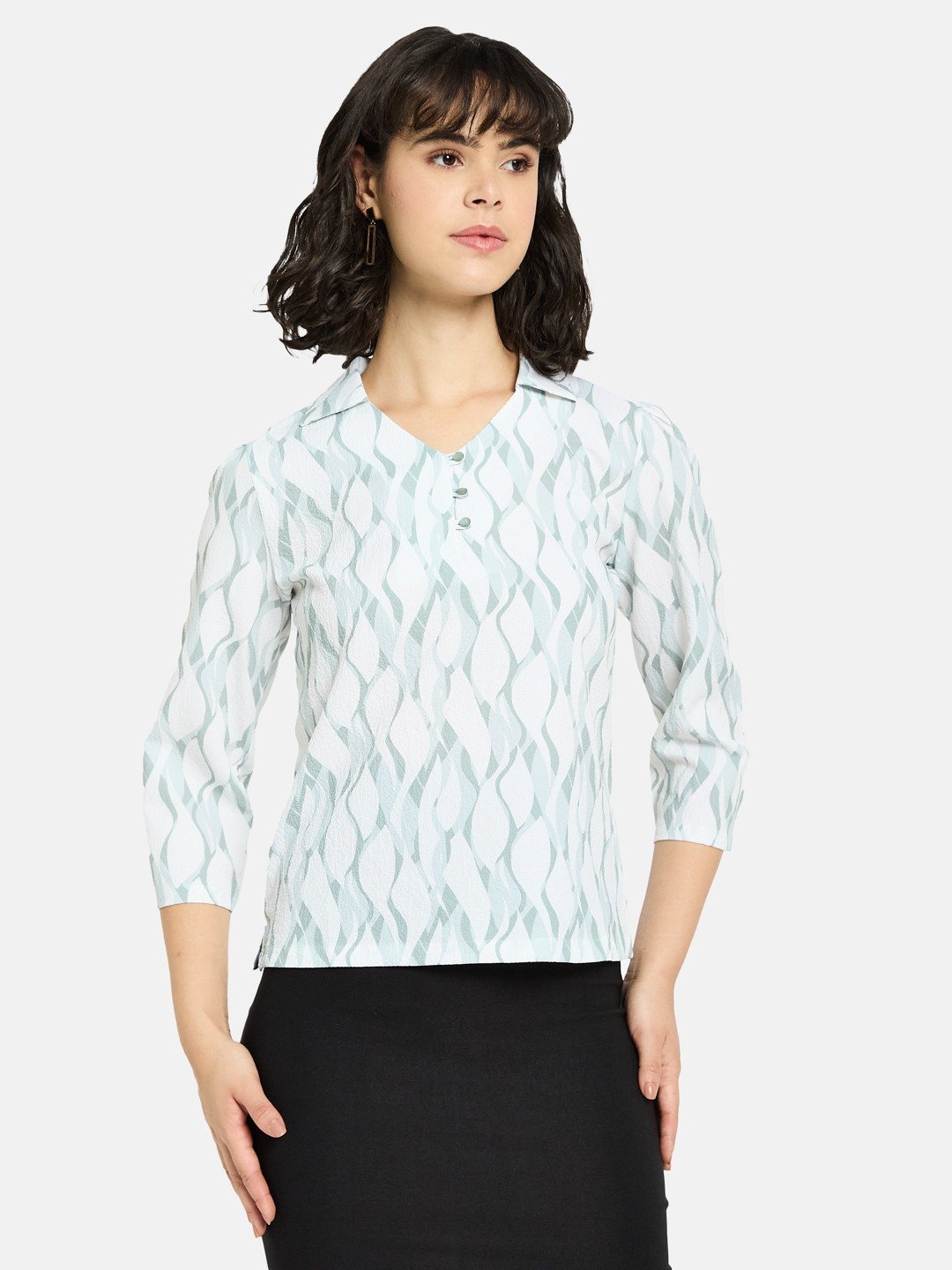 METTLE Mint Printed Cotton Shirt Style Top