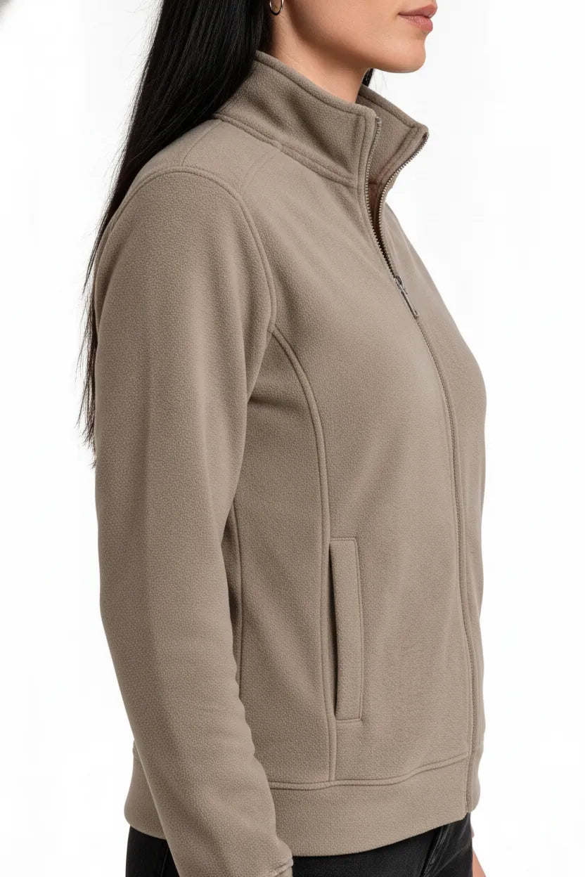 Women Natural Milange Cotton Blended German Velvet Full Zip | Standing Collar Winter Sweatshirt