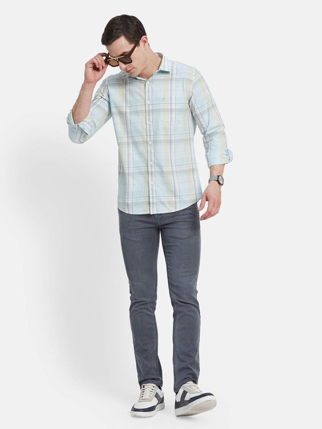 METTLE Men Spread Collar Tartan Checked Cotton Casual Shirt