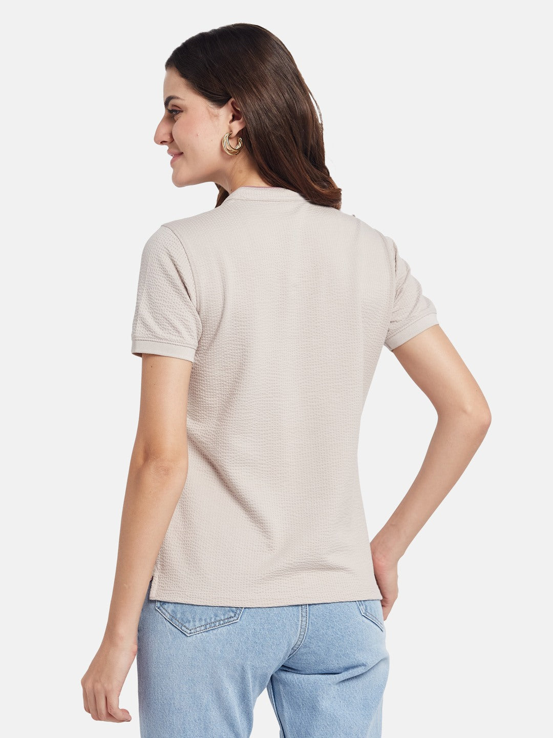 METTLE Self Design Mandarin Collar Cotton T-shirt