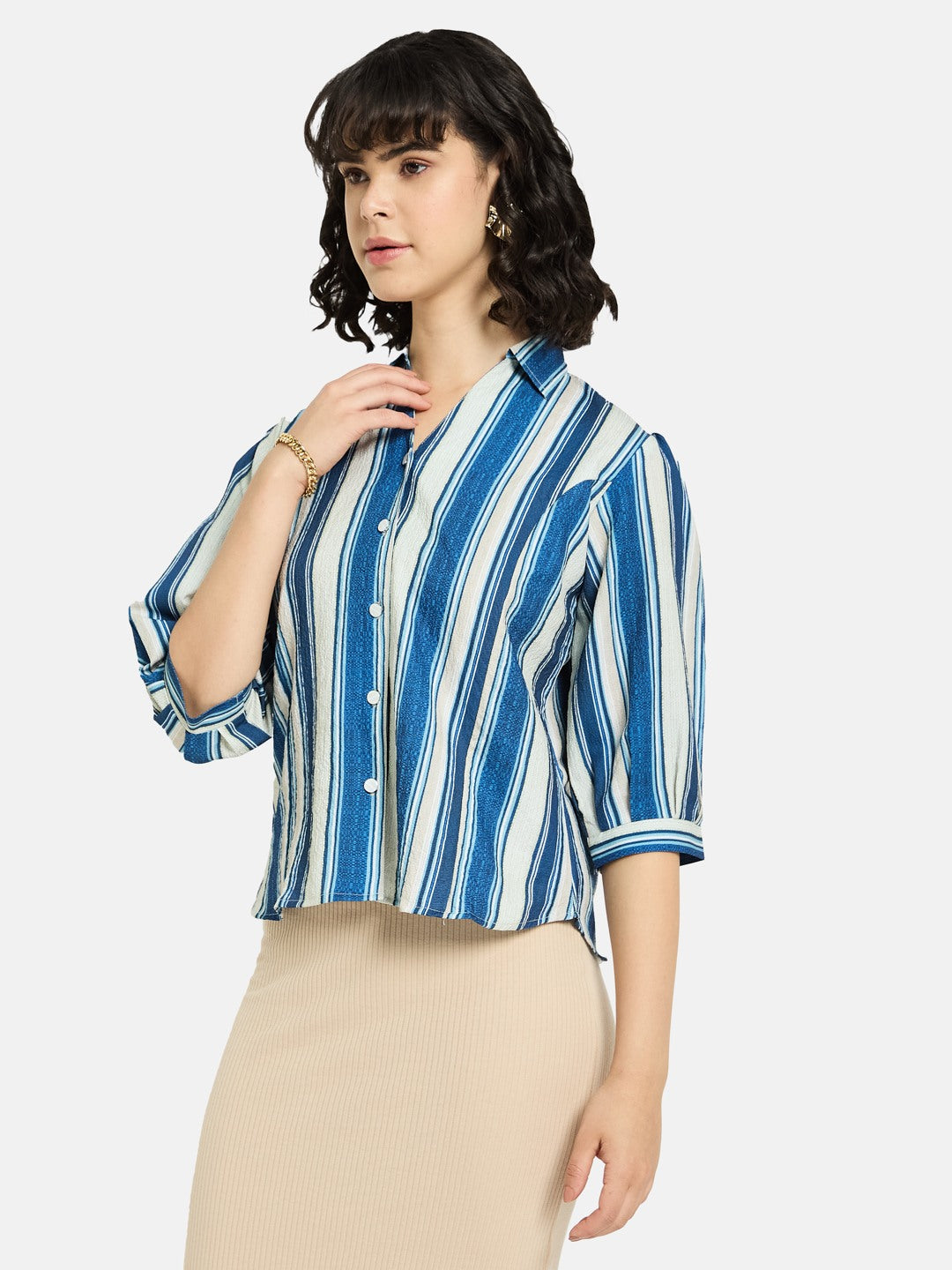 METTLE Women Spread Collar Vertical Striped Cotton Casual Shirt