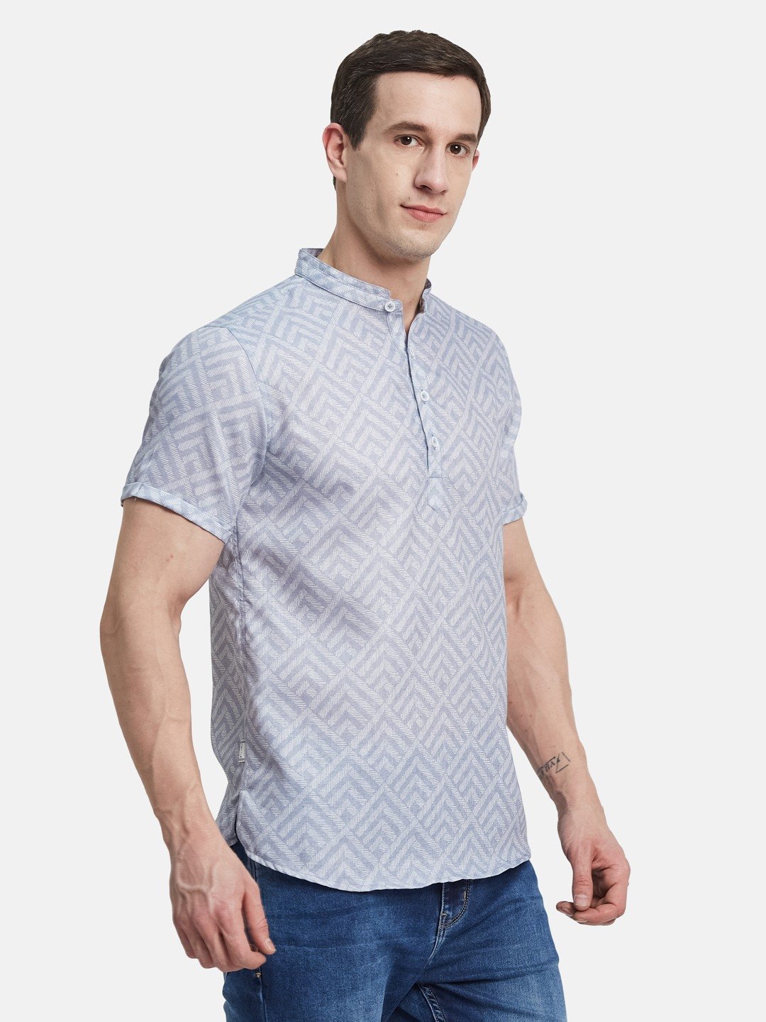 METTLE Men Band Collar Geometric Printed Cotton Casual Shirt