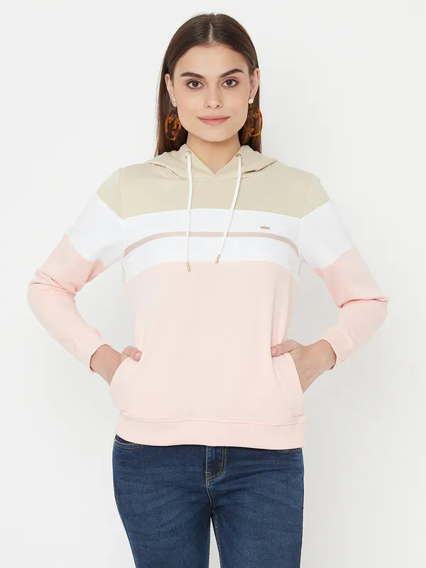 Mettle Women Pink Colourblocked Hooded Sweatshirt