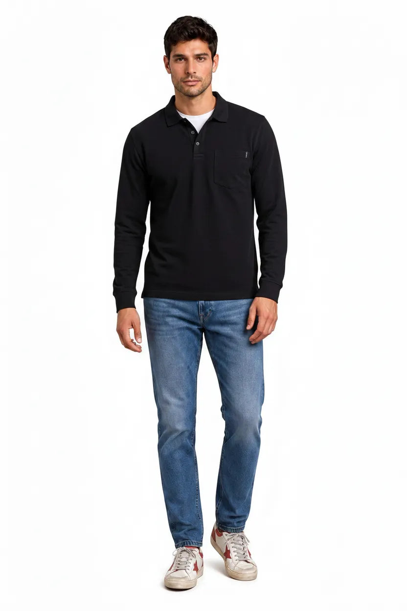 Men's Black Green Full Sleeve Cotton Pique Polo T-Shirt | Premium Pre-Winter Casual Polo