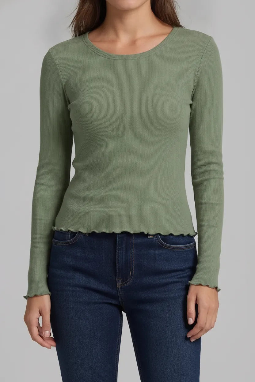 Women’s Green Rib-Knit Viscose Round-Neck Full-Sleeve Winter Top