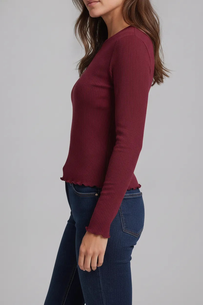 Women’s Wine Rib-Knit Viscose Round-Neck Full-Sleeve Winter Top