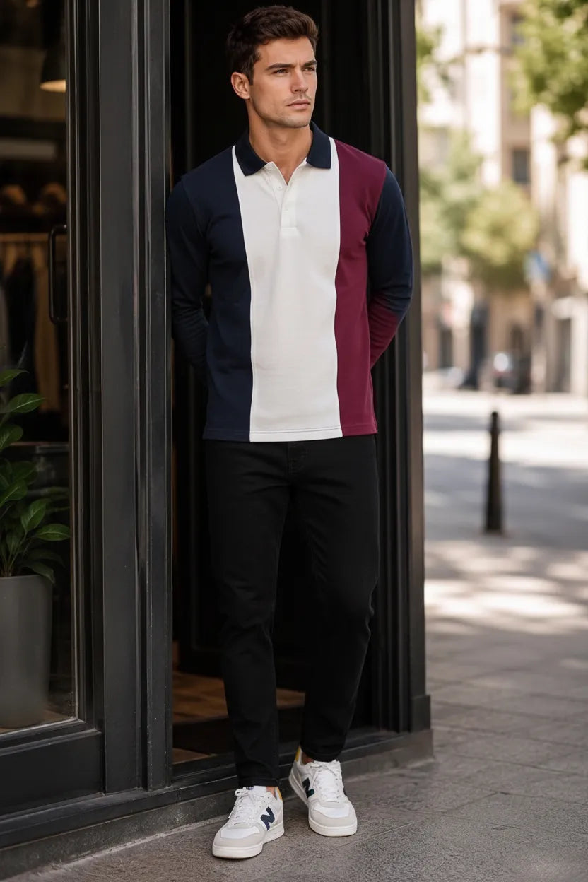 Men’s Deep Merlot Colourblock Cotton Pique Polo Full-Sleeve Winter T-Shirt
