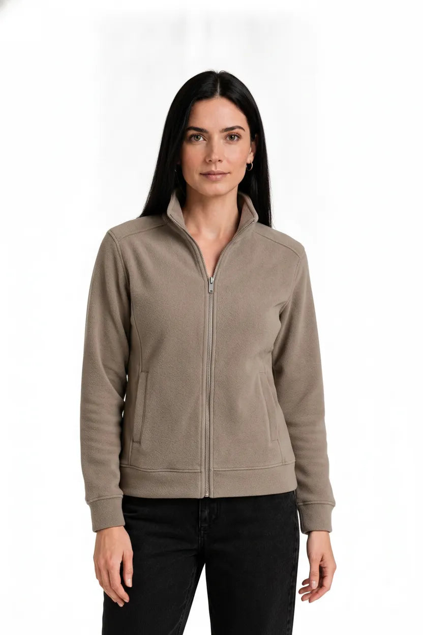 Women Natural Milange Cotton Blended German Velvet Full Zip | Standing Collar Winter Sweatshirt