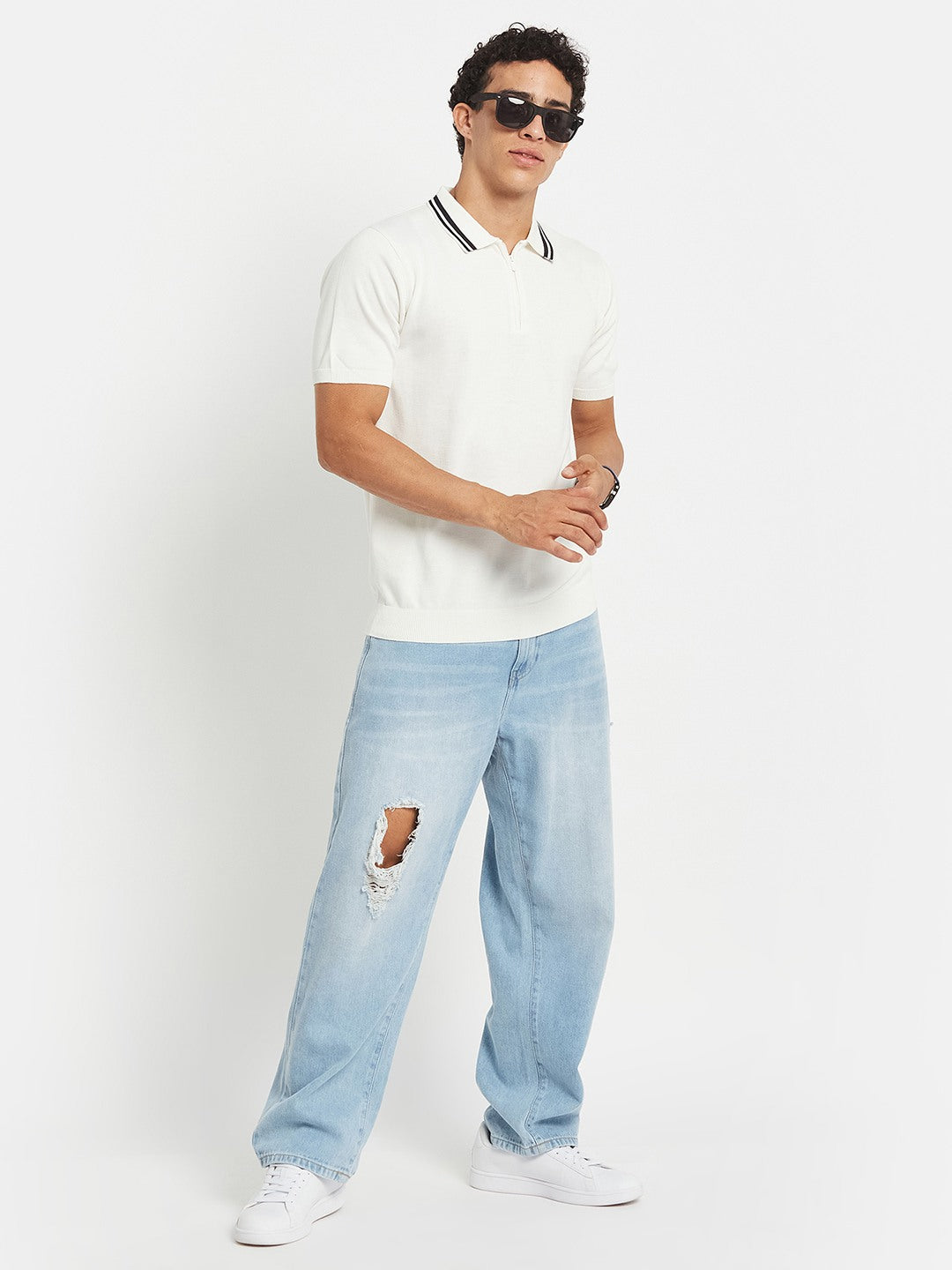 Octave Men White Polo Collar Short Sleeves Cotton T-shirt