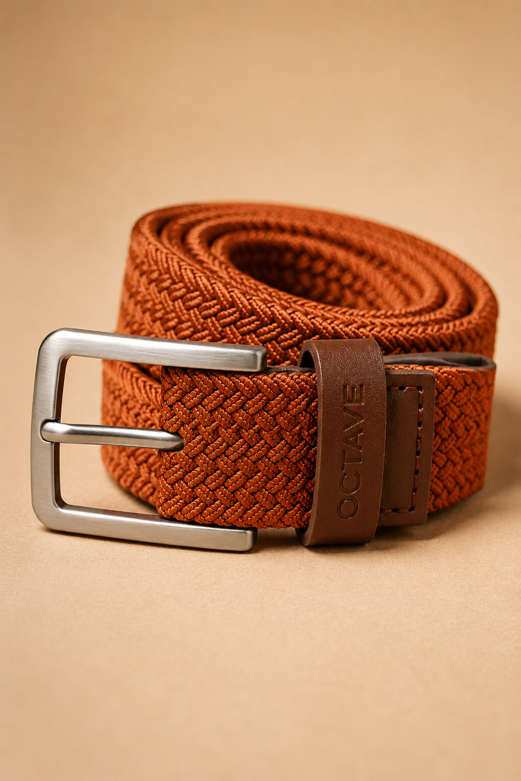 Khaki Braided Woven Men’s Belt with Metallic Pin Buckle | Stretchable Casual Belt