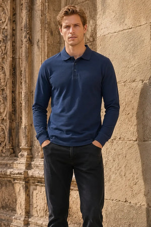 Men’s Navy Pique Lycra Polo Neck Full-Sleeve Winter T-Shirt