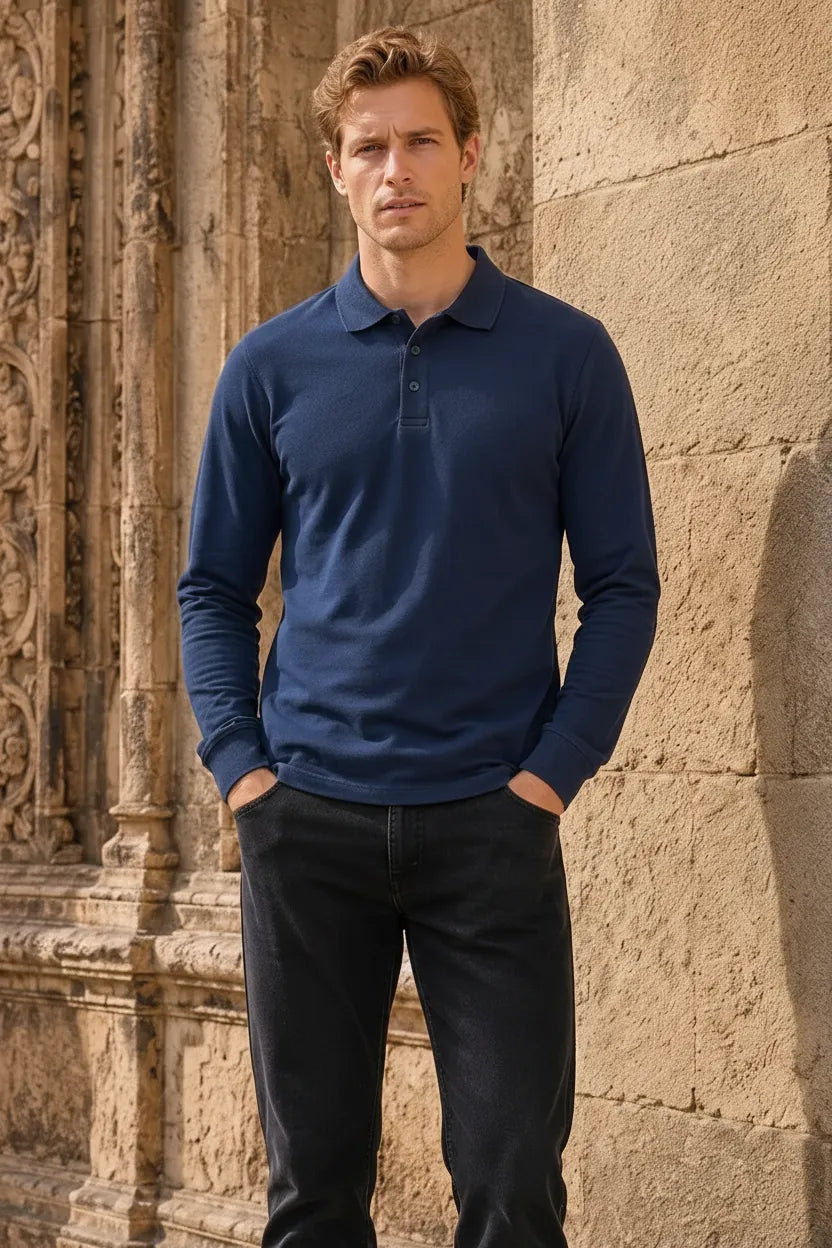 Men’s Navy Pique Lycra Polo Neck Full-Sleeve Winter T-Shirt