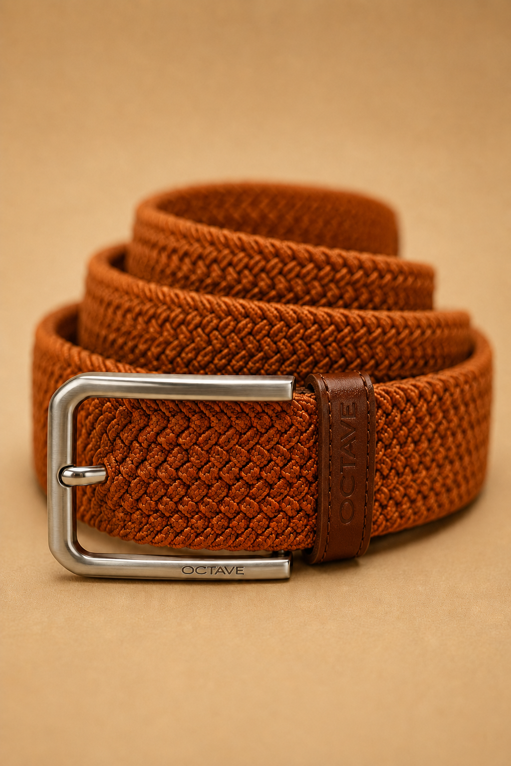 Khaki Braided Woven Men’s Belt with Metallic Pin Buckle | Stretchable Casual Belt