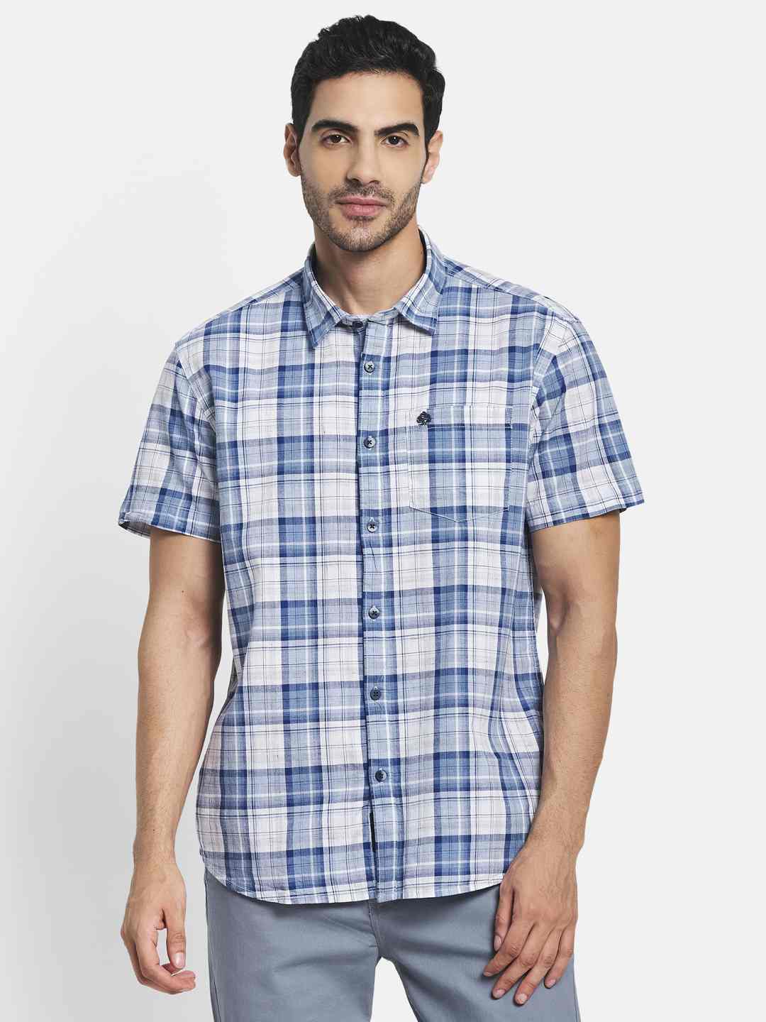 Men Blue Tartan Checks Checked Casual Shirt