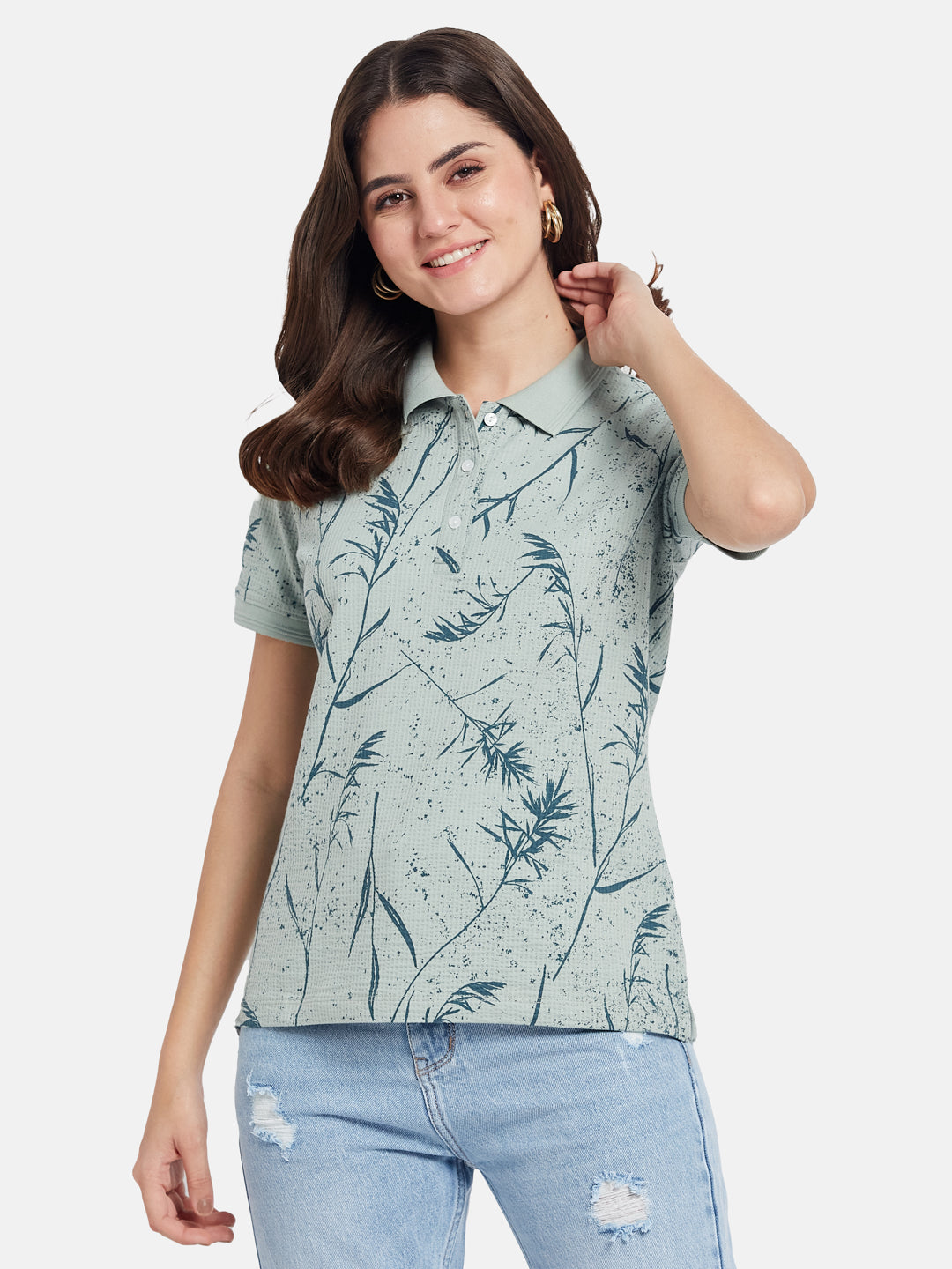 METTLE Floral Printed Polo Collar Cotton T-shirt