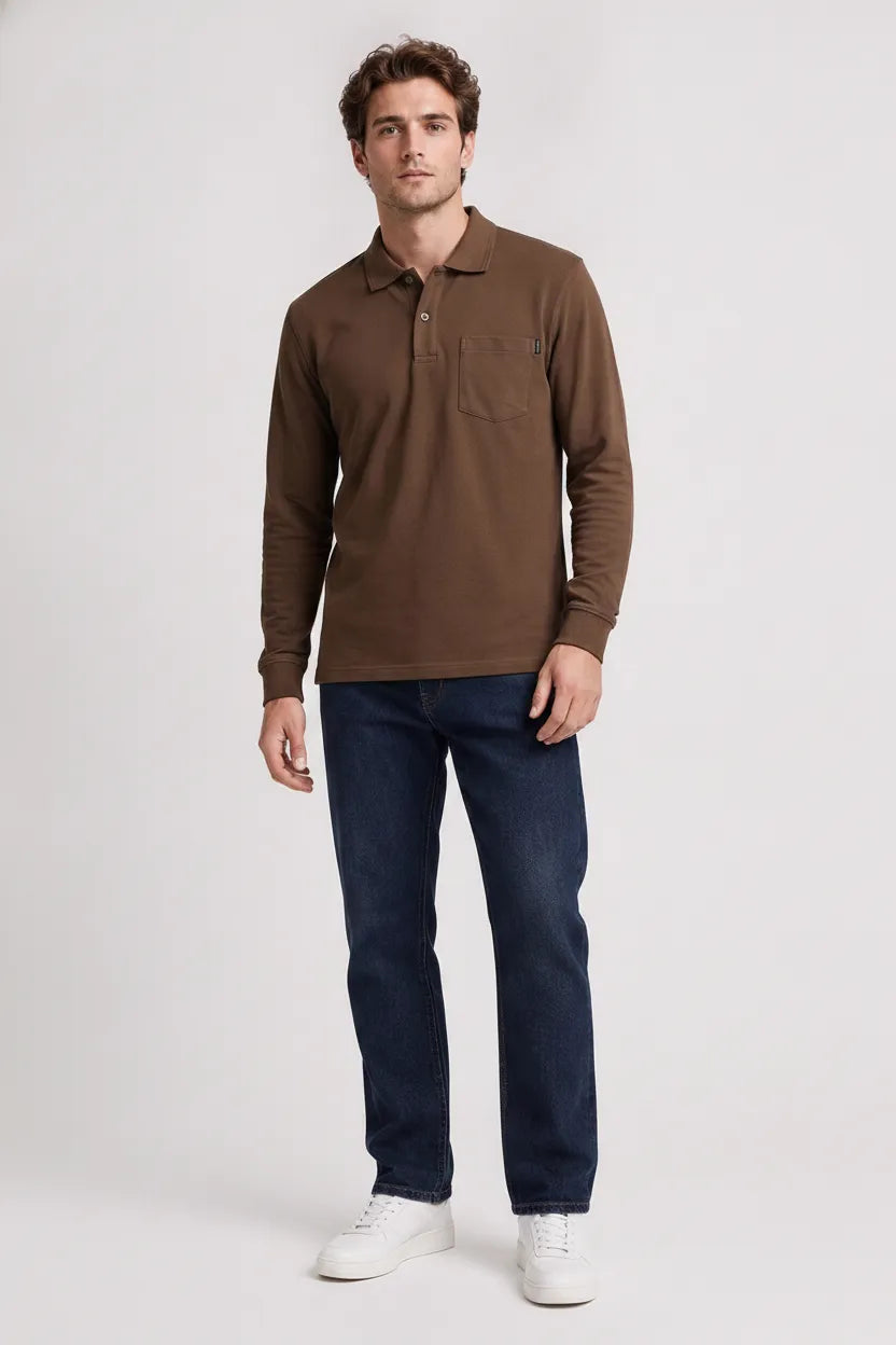 Men's Tan Full Sleeve Cotton Pique Polo T-Shirt | Premium Pre-Winter Casual Polo
