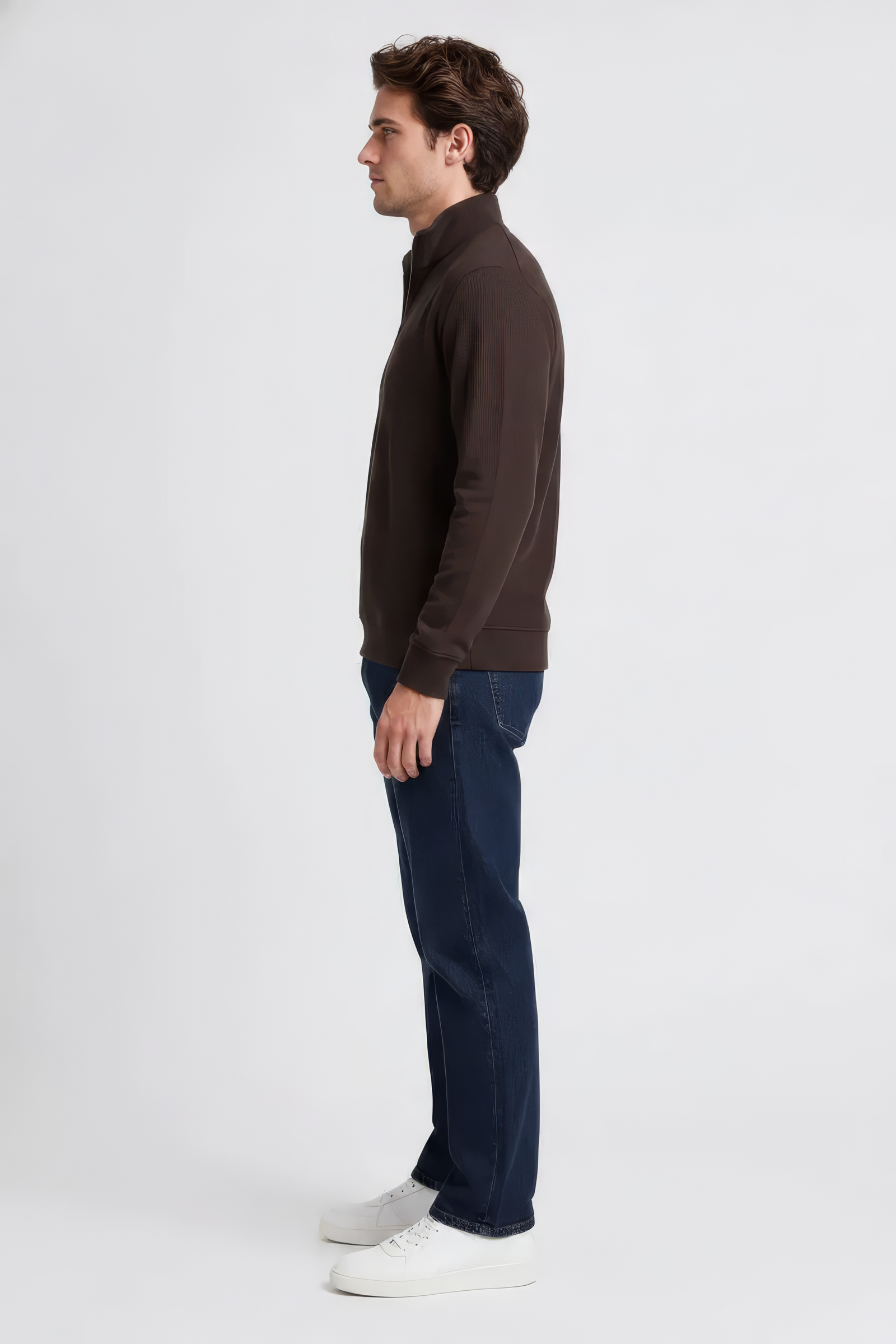 Men’s Espresso Brushed Seersucker Half Zip Sweatshirt with Standing Collar