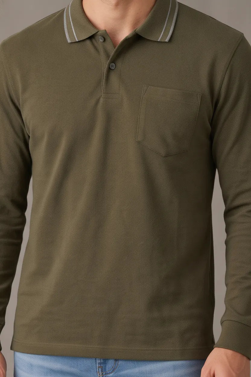 Men's Tan Full Sleeve Cotton Waffle Knit Polo T-Shirt | Textured