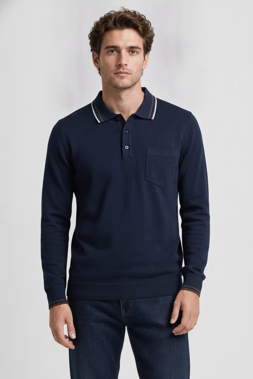 Men's Navy Full Sleeve Cotton Waffle Knit Polo T-Shirt | Textured