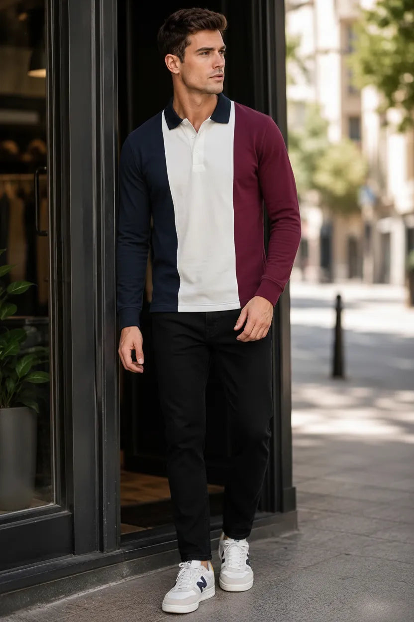 Men’s Deep Merlot Colourblock Cotton Pique Polo Full-Sleeve Winter T-Shirt