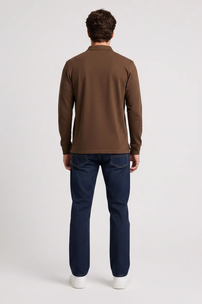 Men's Tan Full Sleeve Cotton Pique Polo T-Shirt | Premium Pre-Winter Casual Polo