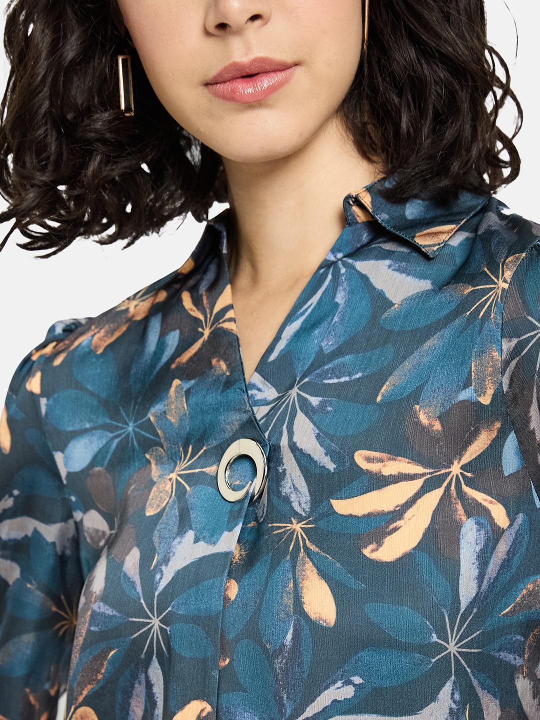 METTLE Women Teal Floral Print Cotton Top