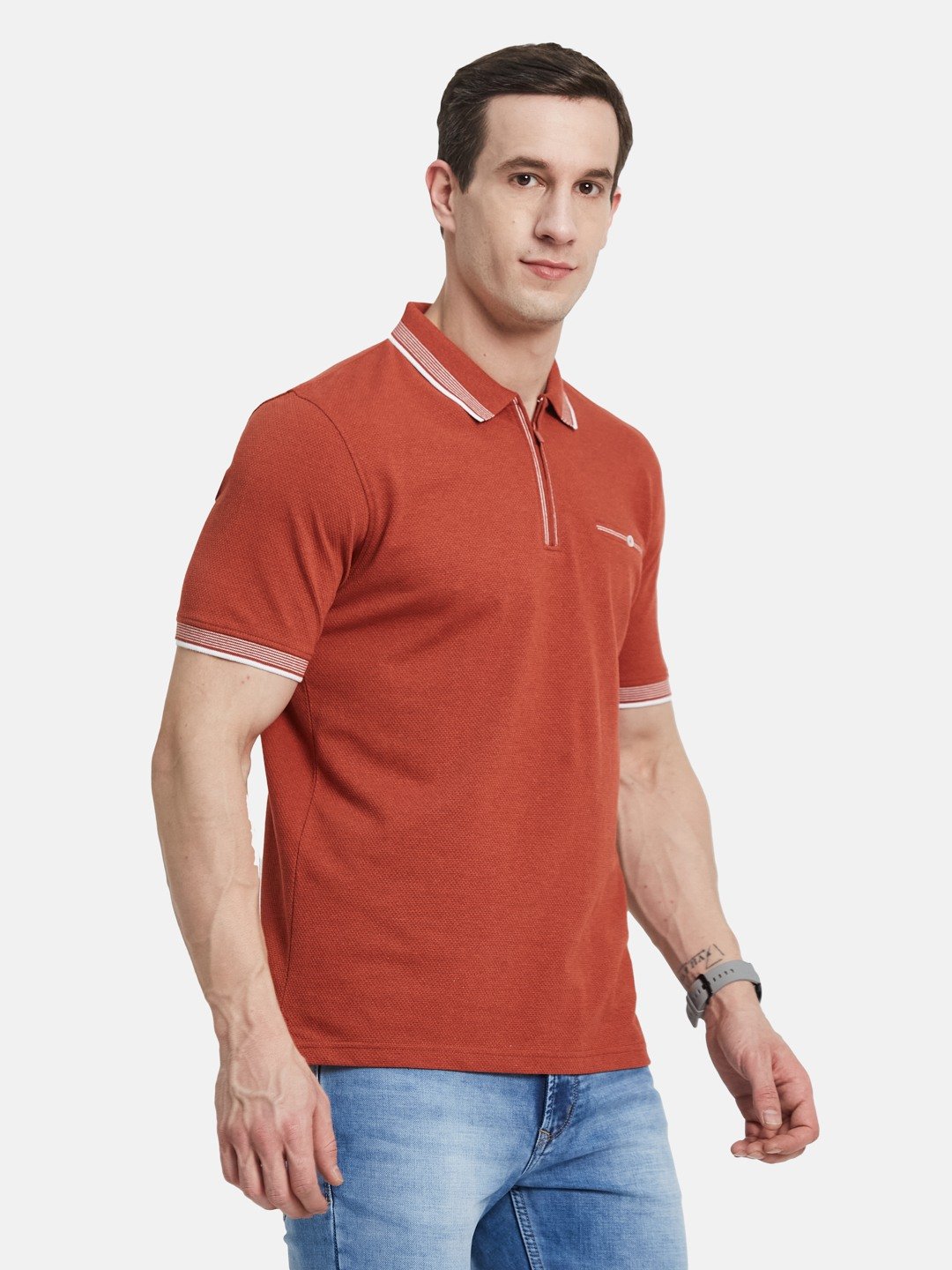 SOLID HALF-ZIP  POLO NECK POPCORN KNIT T-SHIRT
