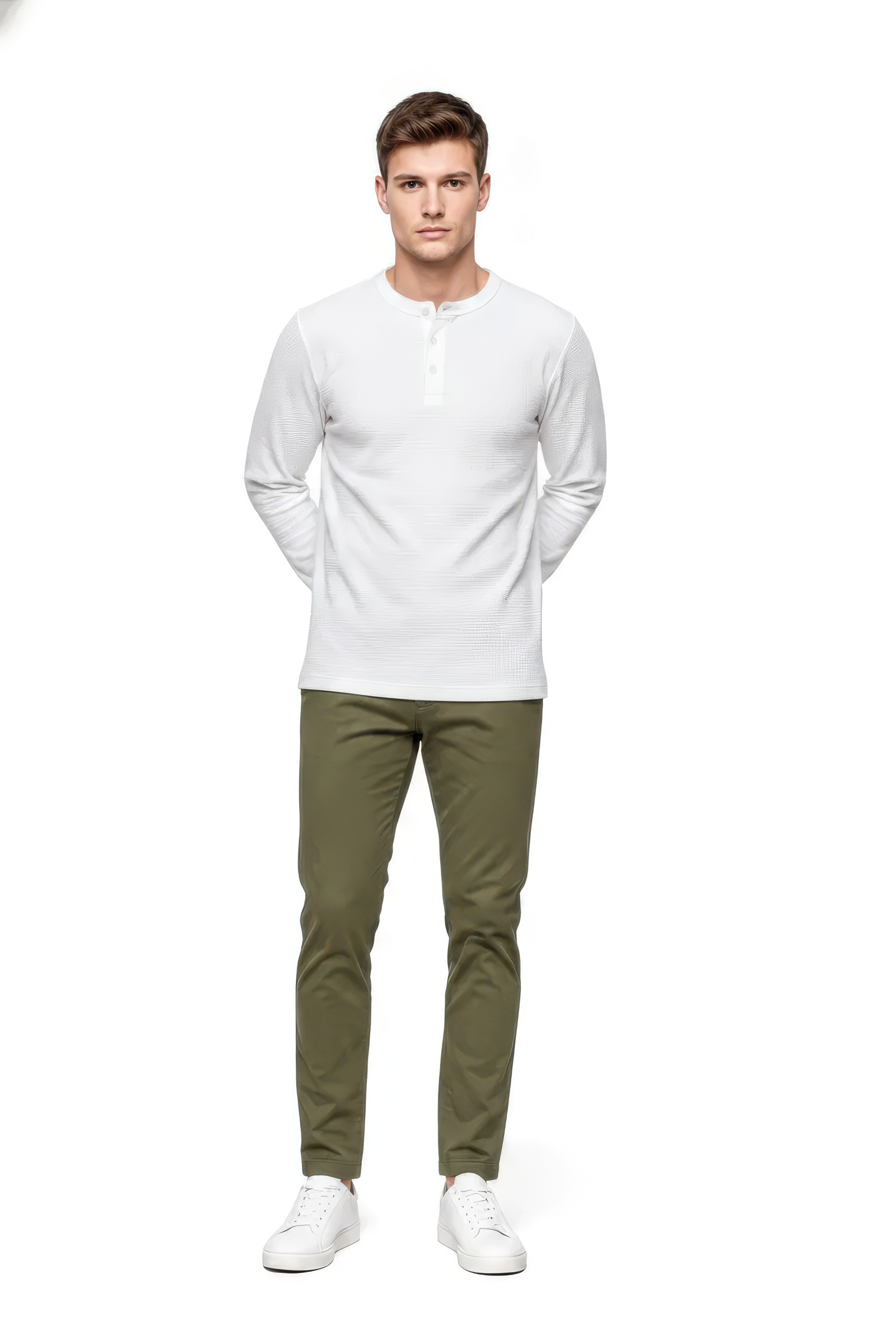 Men’s White Full Sleeve Mandarin Collar T-Shirt | Cotton Blended Seersucker Fabric