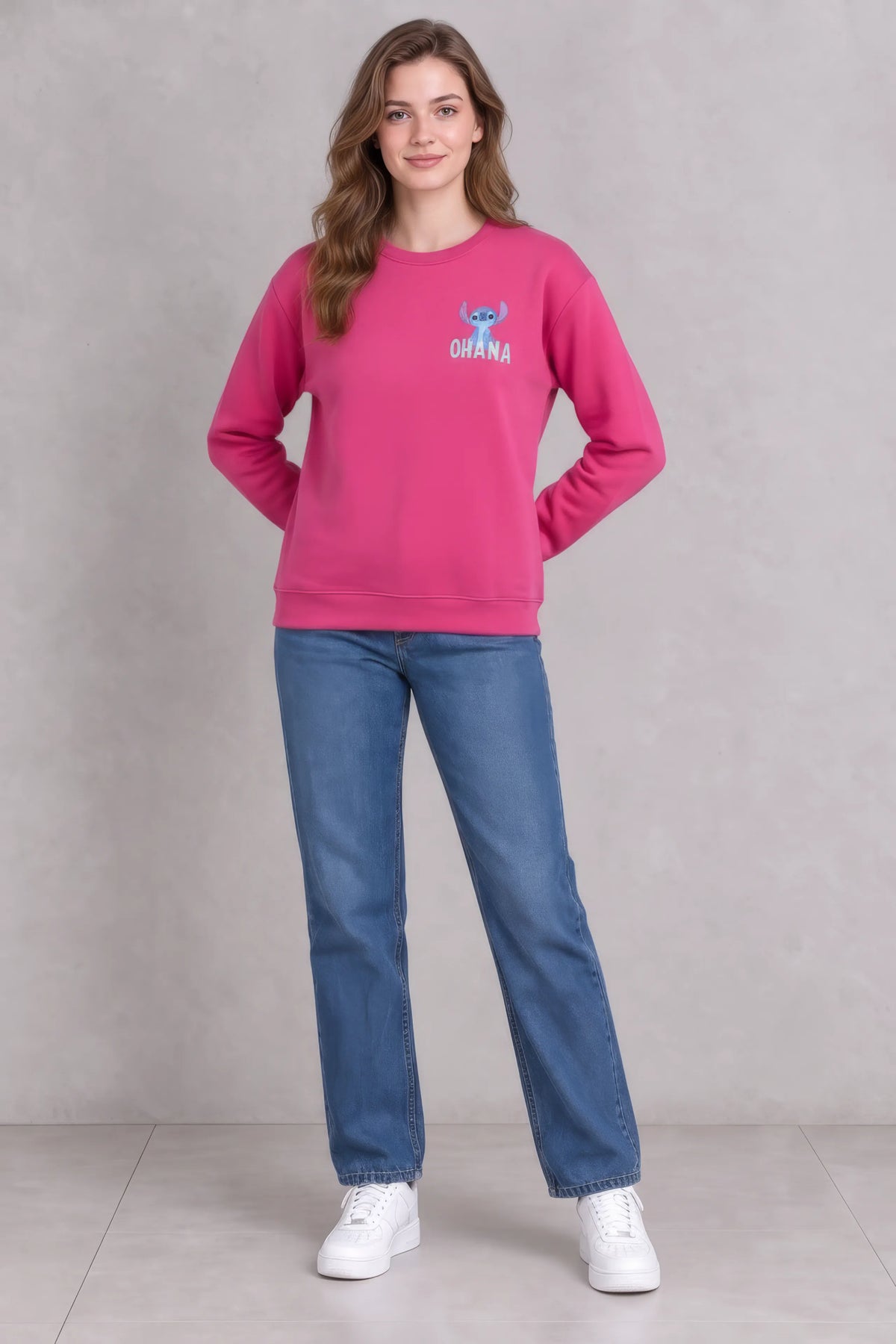 Women’s Hot Pink Disney Stitch Cotton Brushed Fleece Sweatshirt – Regular Fit