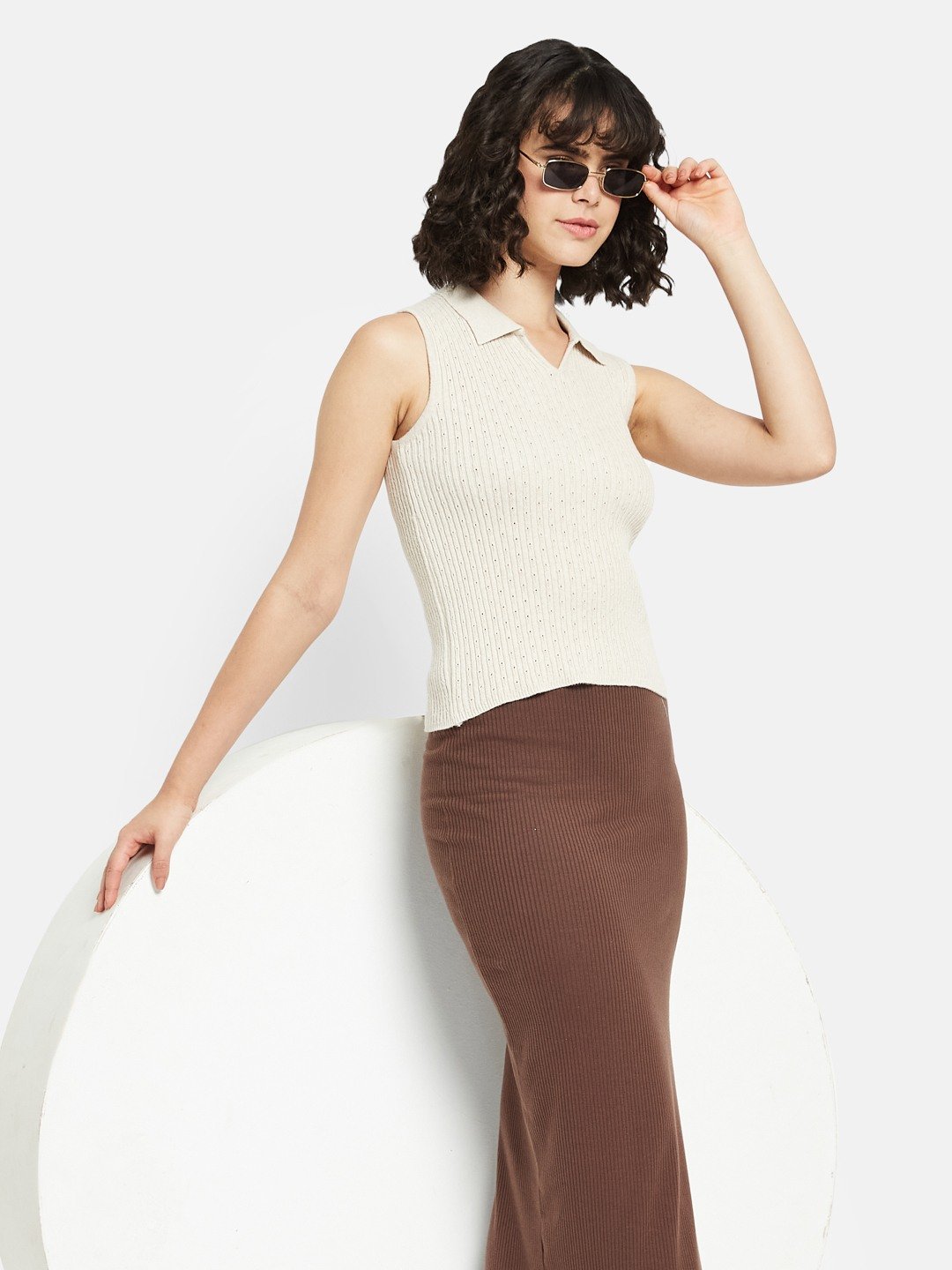 METTLE Women Self Design Shirt Collar Sleeveless Top