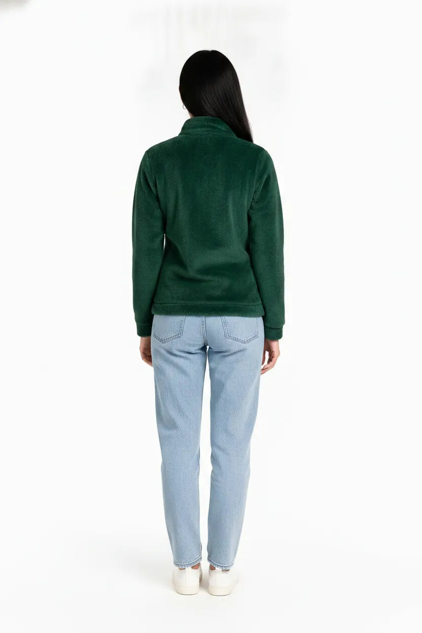 Women Hunter Green Double Sided Coral Fur Full Zip | Soft Winter Sweatshirt