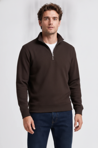 Men’s Espresso Brushed Seersucker Half Zip Sweatshirt with Standing Collar