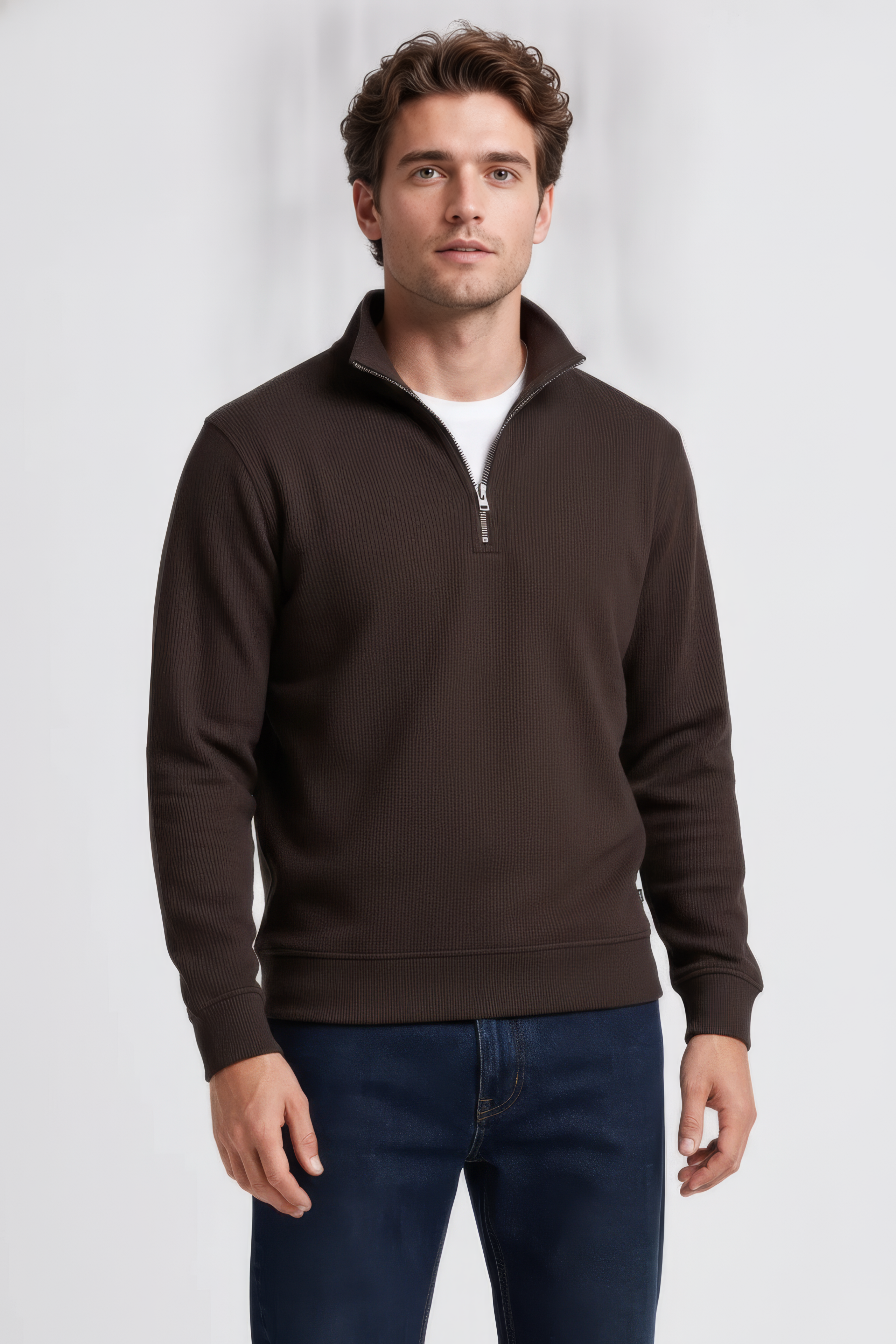 Men’s Espresso Brushed Seersucker Half Zip Sweatshirt with Standing Collar