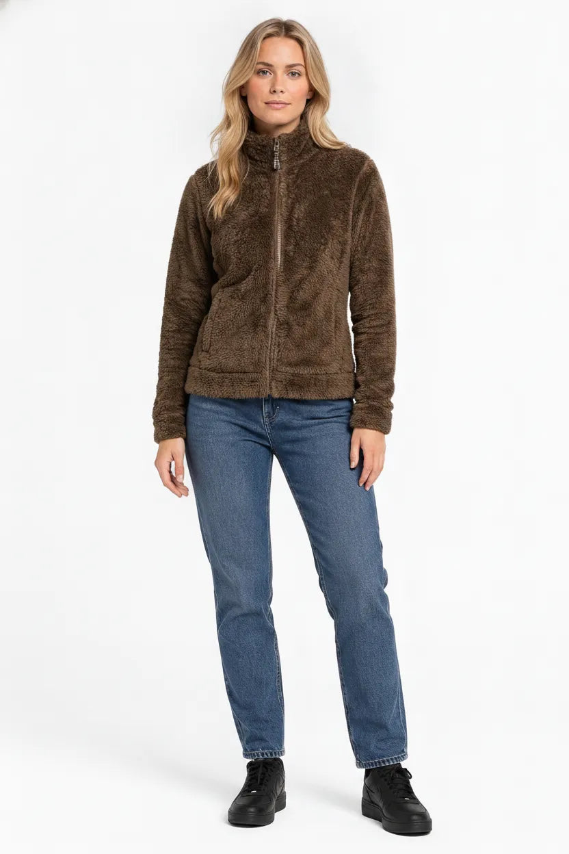 Women Tan Double Sided Coral Fur Full Zip | Soft Winter Sweatshirt
