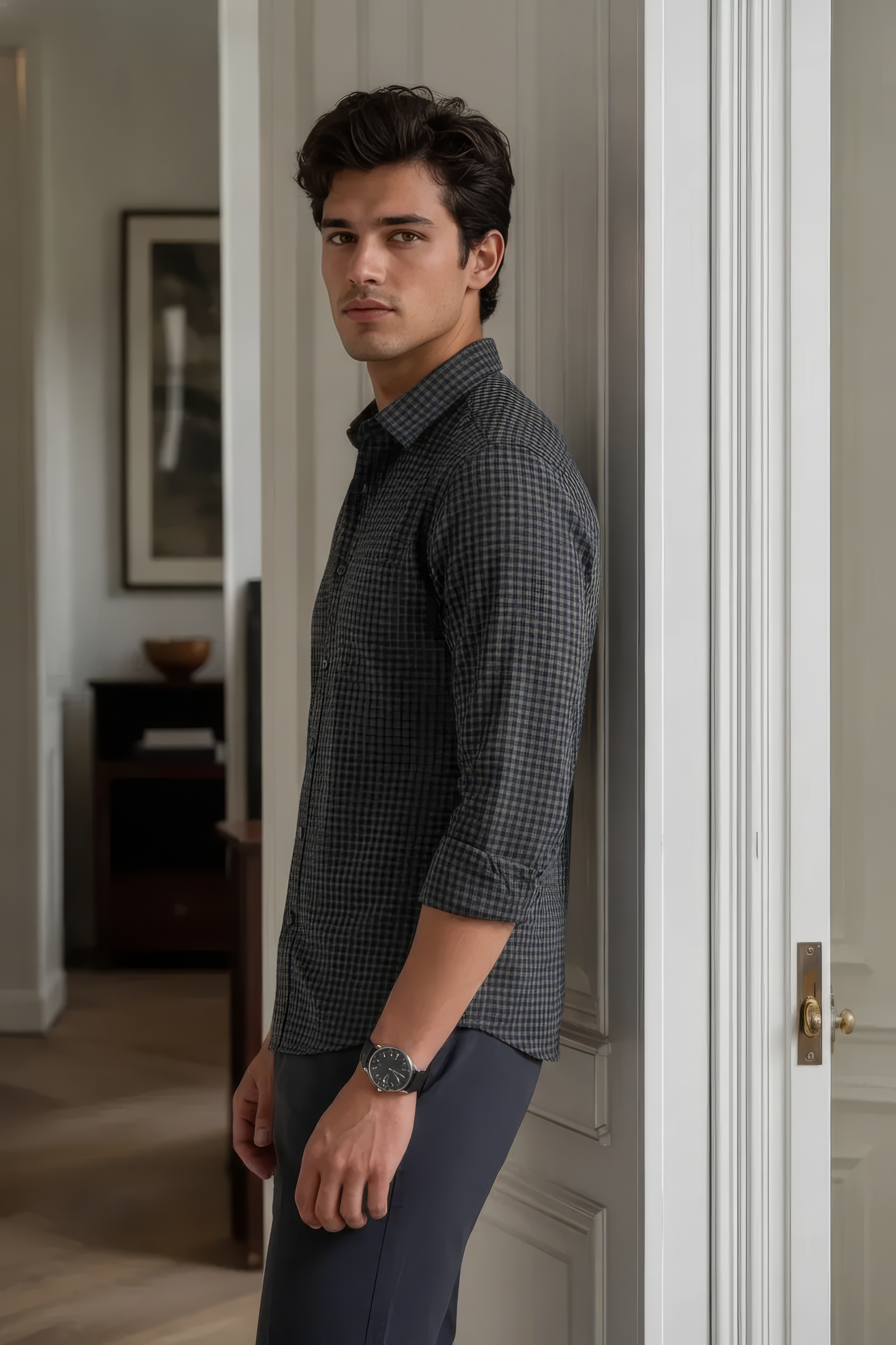 Men’s Black Full Sleeve Melange Cotton Twill Check Shirt