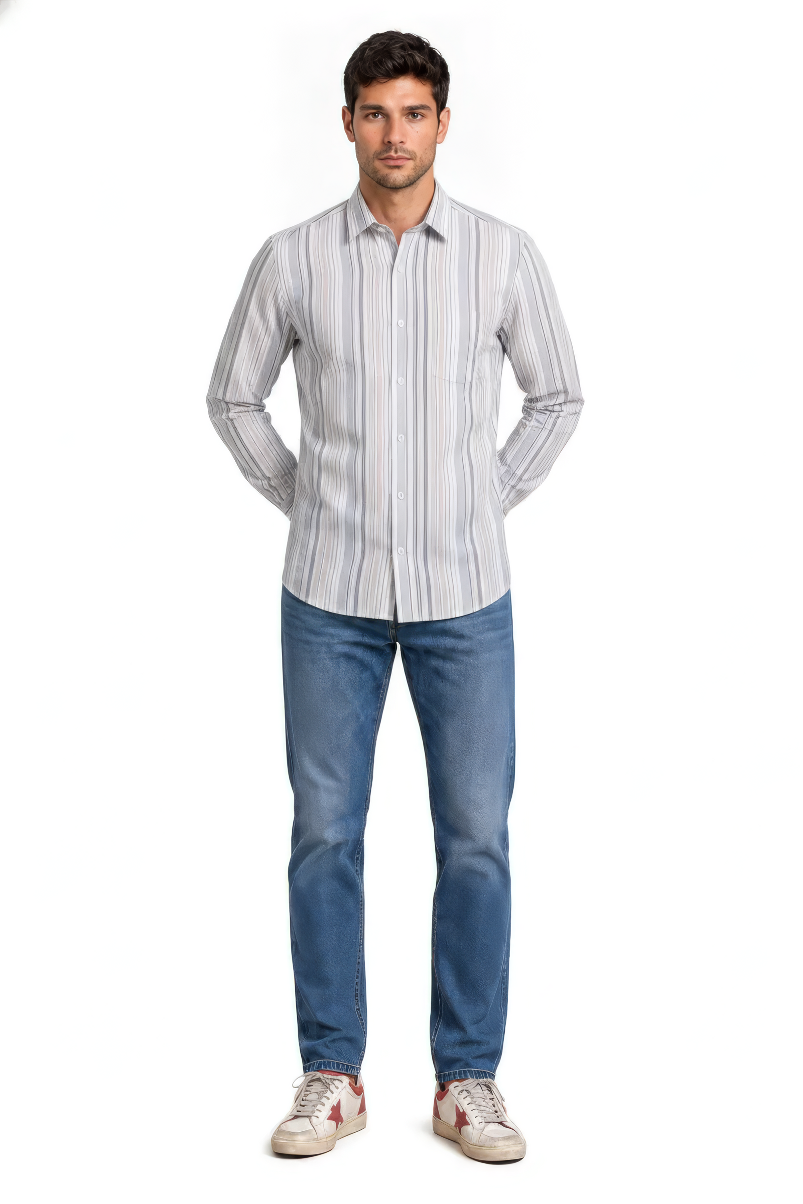 Men’s Grey Full Sleeve Vertical Striped Oxford Shirt