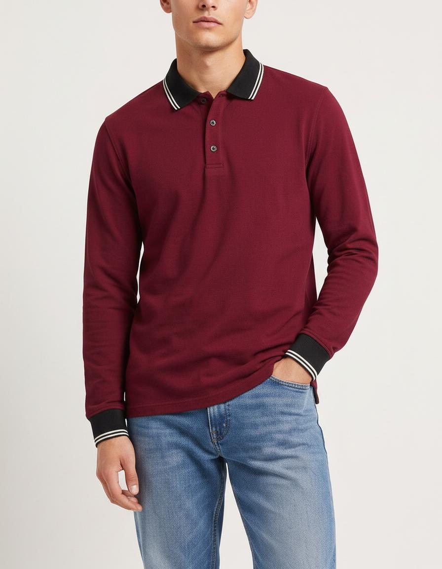Men’s Merlot Full Sleeve Polo T-Shirt | Cotton Blend Lycra Stretch